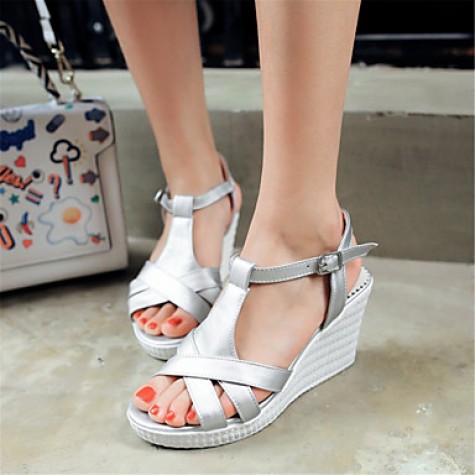 Women's Shoes Leatherette Wedge Heel Wedges Sandals Wedding / Party & Evening / Dress / Casual White / Silver